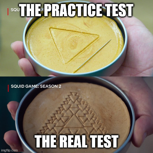 School tests be like | THE PRACTICE TEST; THE REAL TEST | image tagged in squid game 2 | made w/ Imgflip meme maker