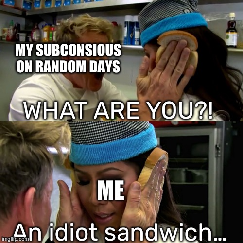 Gordon Ramsay Idiot Sandwich | MY SUBCONSIOUS ON RANDOM DAYS; WHAT ARE YOU?! ME; An idiot sandwich… | image tagged in gordon ramsay idiot sandwich | made w/ Imgflip meme maker