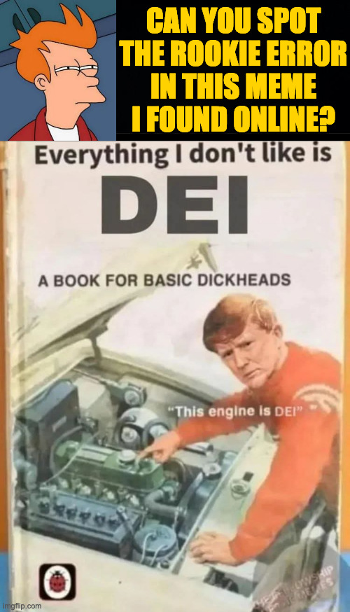 I'll reveal the answer tomorrow if no one gets it. | CAN YOU SPOT
THE ROOKIE ERROR
IN THIS MEME
I FOUND ONLINE? | image tagged in memes,spot the rrror,dei | made w/ Imgflip meme maker