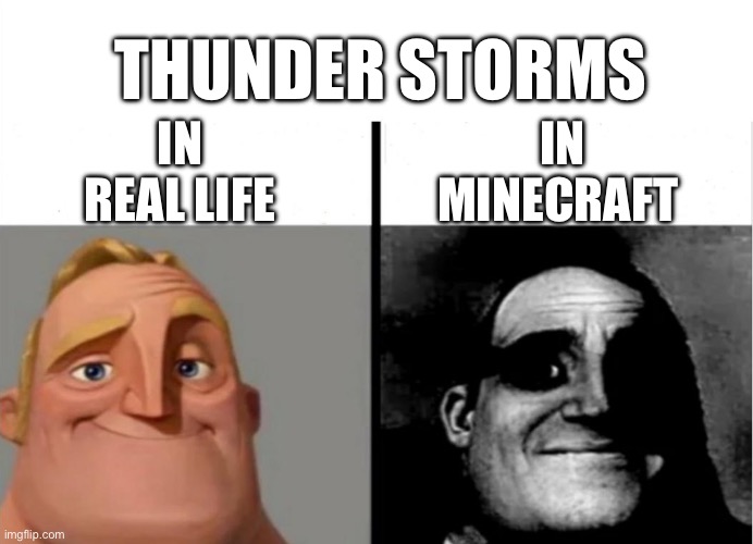 It’s relaxing Irl | THUNDER STORMS; IN MINECRAFT; IN REAL LIFE | image tagged in teacher's copy,minecraft,in real life,thunder,memes,funny | made w/ Imgflip meme maker