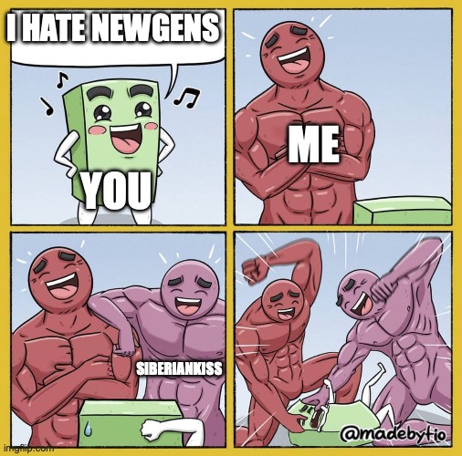 Guy getting beat up | I HATE NEWGENS YOU ME SIBERIANKISS | image tagged in guy getting beat up | made w/ Imgflip meme maker