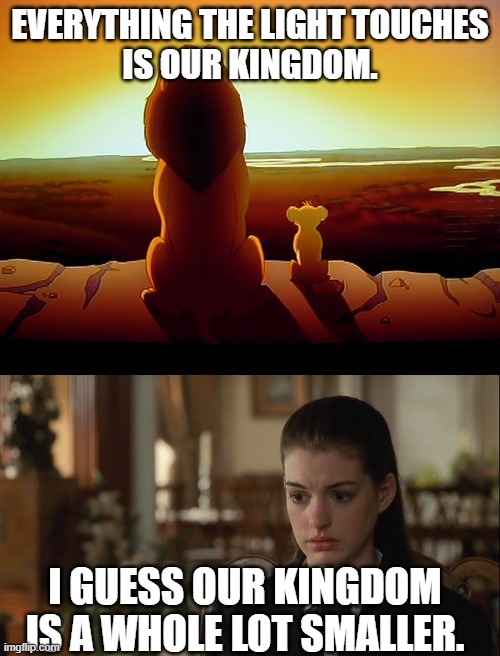 One of many ways Disney screws over live-action characters | EVERYTHING THE LIGHT TOUCHES
IS OUR KINGDOM. I GUESS OUR KINGDOM
IS A WHOLE LOT SMALLER. | image tagged in lion king,simba,mufasa,mia thermopolis,anne hathaway,the princess diaries | made w/ Imgflip meme maker