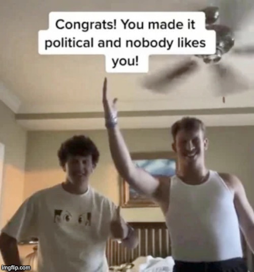 Congrats you made it political and nobody likes you | image tagged in congrats you made it political and nobody likes you | made w/ Imgflip meme maker