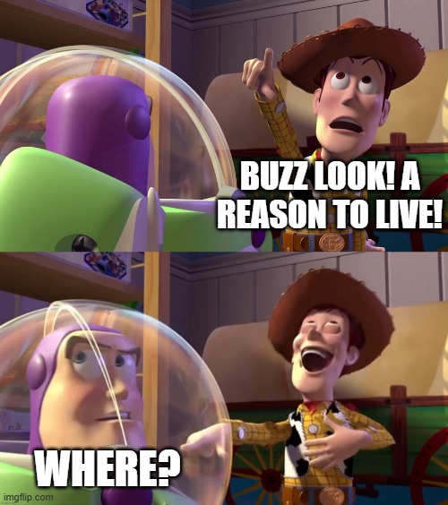 BAH! | BUZZ LOOK! A REASON TO LIVE! WHERE? | image tagged in toy story funny scene,bah humbug,buzz and woody,lol so funny,teehee,toy story | made w/ Imgflip meme maker