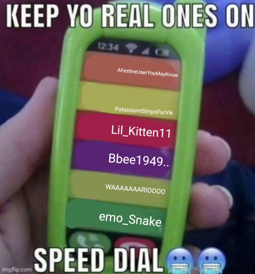 I know sum y'all don't like each other but that's life ig XD | AFestiveUserYouMayKnow; PotassiumSimpsForVik; Lil_Kitten11; Bbee1949.. WAAAAAAARIOOOO; emo_Snake | image tagged in keep yo real ones on speed dial | made w/ Imgflip meme maker