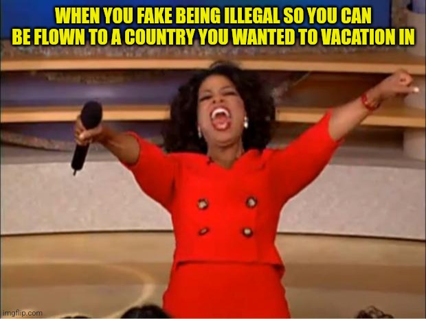 Oprah You Get A Meme | WHEN YOU FAKE BEING ILLEGAL SO YOU CAN BE FLOWN TO A COUNTRY YOU WANTED TO VACATION IN | image tagged in memes,oprah you get a | made w/ Imgflip meme maker