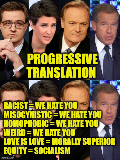 More Leftist Logic | PROGRESSIVE TRANSLATION; RACIST = WE HATE YOU 
MISOGYNISTIC = WE HATE YOU
HOMOPHOBIC = WE HATE YOU
WEIRD = WE HATE YOU
LOVE IS LOVE = MORALLY SUPERIOR
EQUITY = SOCIALISM | image tagged in cancel culture | made w/ Imgflip meme maker