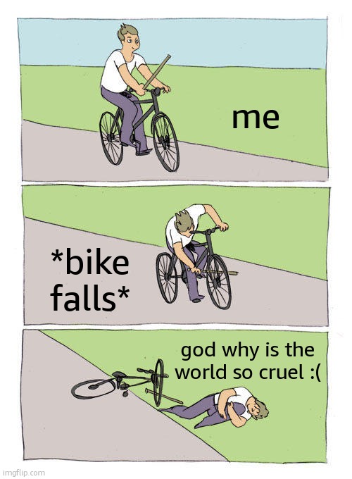 Bike Fall | me; *bike falls*; god why is the world so cruel :( | image tagged in memes,bike fall | made w/ Imgflip meme maker