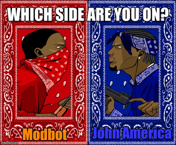 WHICH SIDE ARE YOU ON? | Modbot; John America | image tagged in which side are you on | made w/ Imgflip meme maker