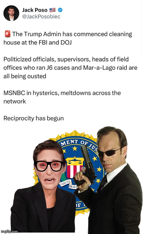 Madcow melting down over Orange Juice | image tagged in blank white template,fbi,rachel maddow,agent smith | made w/ Imgflip meme maker