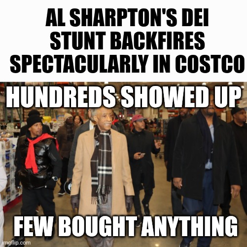 MSNBC’s Al Sharpton Uses His Charity National Action Network To Launch Boycott of Companies That Cut DEI Programs | AL SHARPTON'S DEI STUNT BACKFIRES SPECTACULARLY IN COSTCO; HUNDREDS SHOWED UP; FEW BOUGHT ANYTHING | image tagged in al sharpton,protest,america,lol,fail,media | made w/ Imgflip meme maker