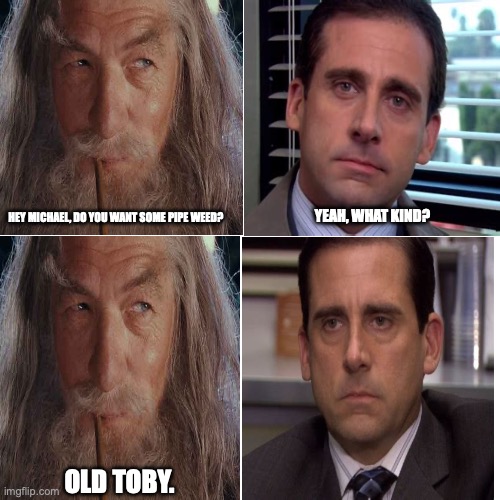 Gandalf and Michael Scott | YEAH, WHAT KIND? HEY MICHAEL, DO YOU WANT SOME PIPE WEED? OLD TOBY. | image tagged in the office,lotr | made w/ Imgflip meme maker