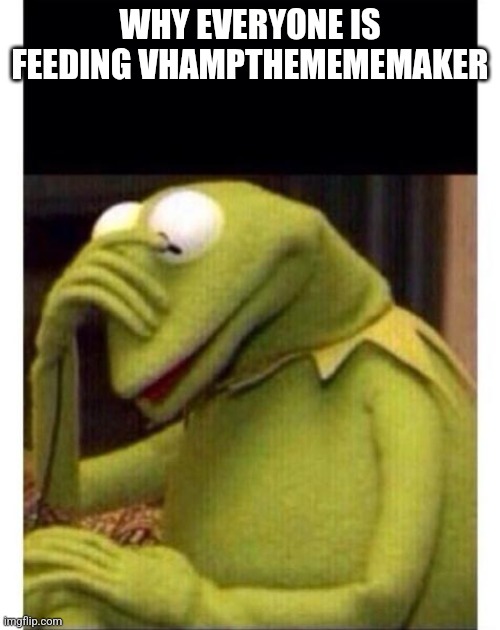 Facepalm frog | WHY EVERYONE IS FEEDING VHAMPTHEMEMEMAKER | image tagged in facepalm frog | made w/ Imgflip meme maker