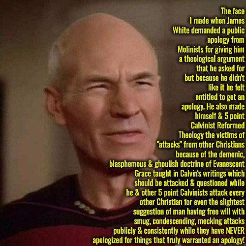 Savage Hypocrisy | The face I made when James White demanded a public apology from Molinists for giving him a theological argument that he asked for but because he didn't like it he felt entitled to get an apology. He also made himself & 5 point Calvinist Reformed Theology the victims of "attacks" from other Christians; because of the demonic, blasphemous & ghoulish doctrine of Evanescent Grace taught in Calvin's writings which should be attacked & questioned while he & other 5 point Calvinists attack every other Christian for even the slightest suggestion of man having free will with smug, condescending, mocking attacks publicly & consistently while they have NEVER apologized for things that truly warranted an apology! | image tagged in dafuq picard,calvinism,arminian,molinism,hypocritical entitled gnostic pharisees,puppetry ai corpse robot marionette theology | made w/ Imgflip meme maker