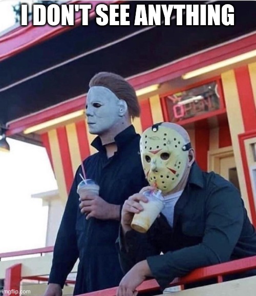 Jason Michael Myers hanging out | I DON'T SEE ANYTHING | image tagged in jason michael myers hanging out | made w/ Imgflip meme maker