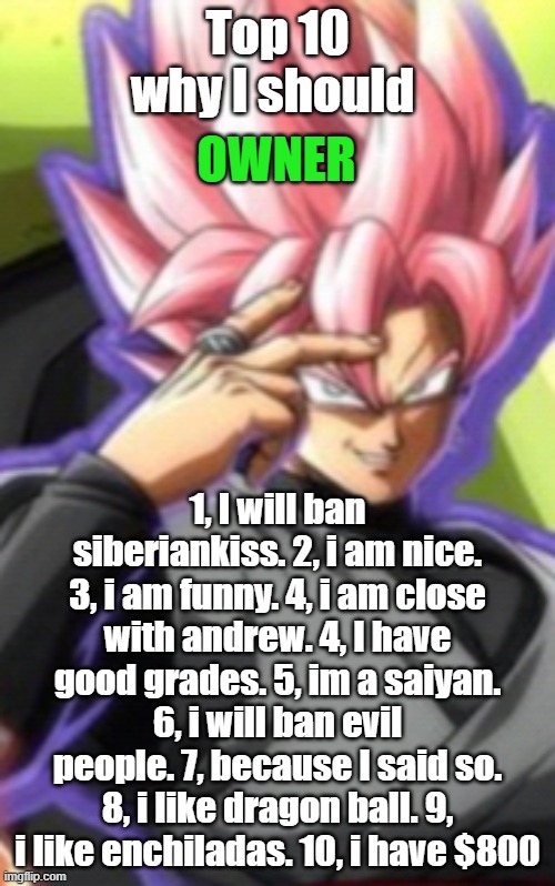 Smart goku black | Top 10 why I should; OWNER; 1, I will ban siberiankiss. 2, i am nice. 3, i am funny. 4, i am close with andrew. 4, I have good grades. 5, im a saiyan. 6, i will ban evil people. 7, because I said so. 8, i like dragon ball. 9, i like enchiladas. 10, i have $800 | image tagged in smart goku black | made w/ Imgflip meme maker