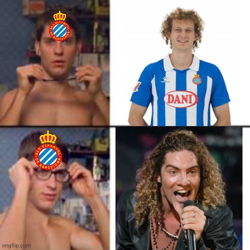 For Espanyol fans who know Alex Kral that looks like David Bisbal with curly hair XD | image tagged in peter parker glasses,espanyol,alex kral,david bisbal,laliga,sports | made w/ Imgflip meme maker