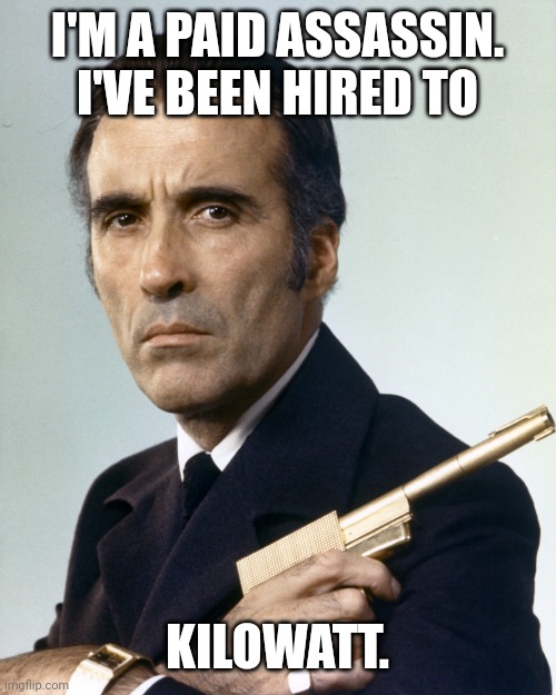 A Killing Joke | I'M A PAID ASSASSIN.
I'VE BEEN HIRED TO; KILOWATT. | image tagged in bond villain,francisco scaramangs,the man with the golden gun,christopher lee,wordplay,pun | made w/ Imgflip meme maker