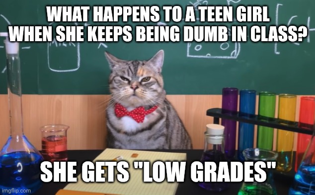 I wonder if she would still get the joke... | WHAT HAPPENS TO A TEEN GIRL WHEN SHE KEEPS BEING DUMB IN CLASS? SHE GETS "LOW GRADES" | image tagged in science cat | made w/ Imgflip meme maker