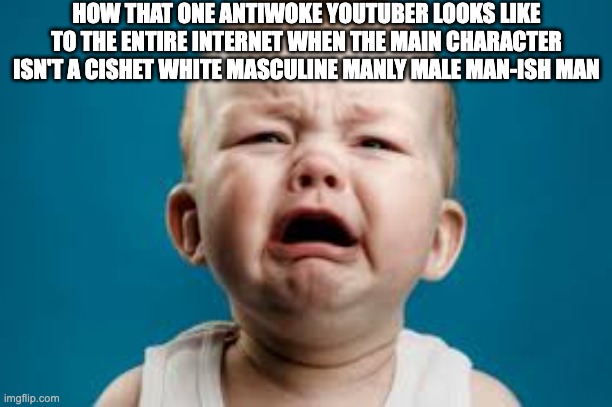 Gay people: *exists* Anti-SJW: WOKE MINDED VIRUS | HOW THAT ONE ANTIWOKE YOUTUBER LOOKS LIKE TO THE ENTIRE INTERNET WHEN THE MAIN CHARACTER ISN'T A CISHET WHITE MASCULINE MANLY MALE MAN-ISH MAN | image tagged in crying person,youtuber | made w/ Imgflip meme maker