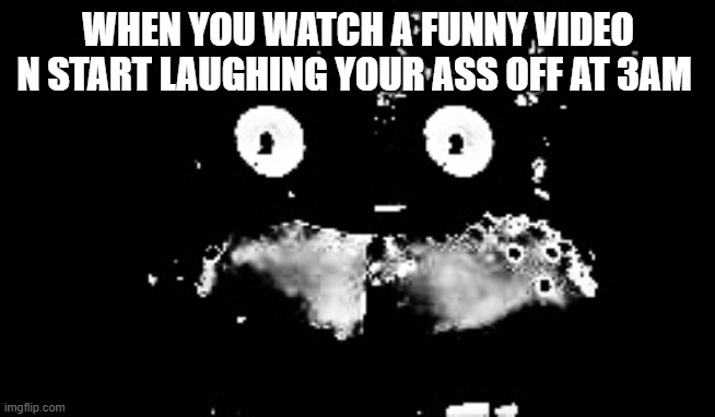 Freddy Traumatized | WHEN YOU WATCH A FUNNY VIDEO N START LAUGHING YOUR ASS OFF AT 3AM | image tagged in freddy traumatized | made w/ Imgflip meme maker