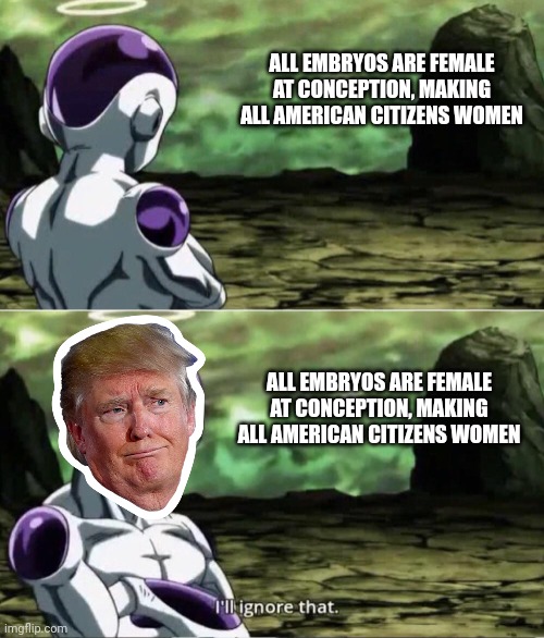 Trump embryo I'll ignore that | ALL EMBRYOS ARE FEMALE AT CONCEPTION, MAKING ALL AMERICAN CITIZENS WOMEN; ALL EMBRYOS ARE FEMALE AT CONCEPTION, MAKING ALL AMERICAN CITIZENS WOMEN | image tagged in freiza i'll ignore that | made w/ Imgflip meme maker