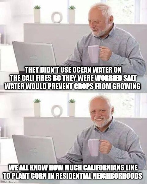 Hide the Pain Harold | THEY DIDN'T USE OCEAN WATER ON THE CALI FIRES BC THEY WERE WORRIED SALT WATER WOULD PREVENT CROPS FROM GROWING; WE ALL KNOW HOW MUCH CALIFORNIANS LIKE TO PLANT CORN IN RESIDENTIAL NEIGHBORHOODS | image tagged in memes,hide the pain harold,funny memes | made w/ Imgflip meme maker