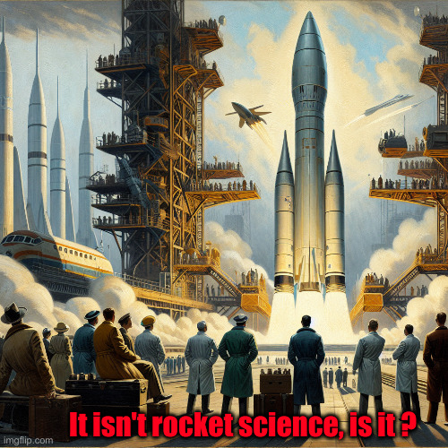 50's science fiction rocket launch | It isn't rocket science, is it ? | image tagged in 50's science fiction rocket launch | made w/ Imgflip meme maker