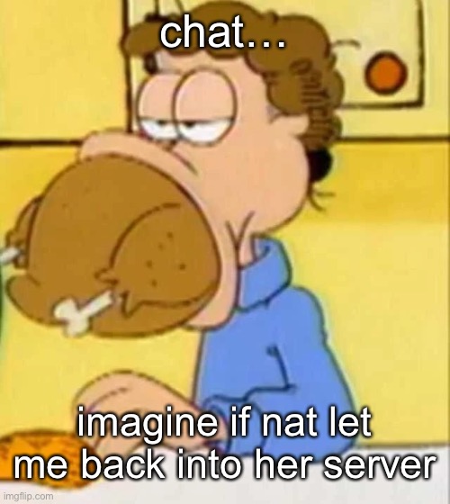 even AFTER the chaos I made | chat…; imagine if nat let me back into her server | image tagged in jon arbuckle turkey | made w/ Imgflip meme maker