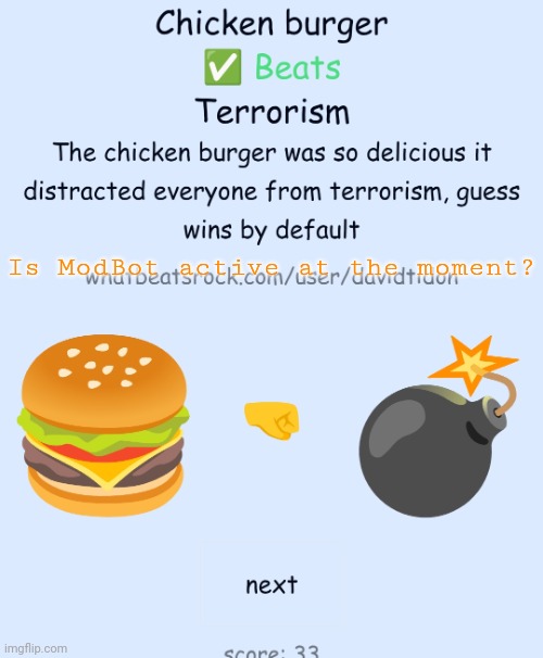 Chicken burger | Is ModBot active at the moment? | image tagged in chicken burger,msmg,memes | made w/ Imgflip meme maker