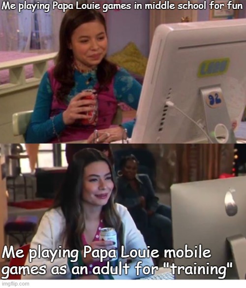 Reaction of papa louie mobile food training games | Me playing Papa Louie games in middle school for fun; Me playing Papa Louie mobile games as an adult for "training" | image tagged in icarly interesting older,icarly,papa louie | made w/ Imgflip meme maker