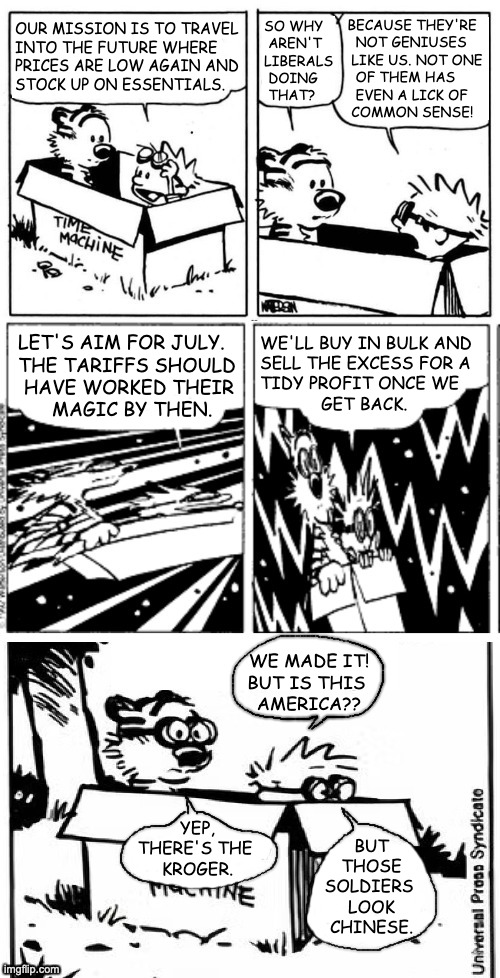 If C&H were MAGA. | OUR MISSION IS TO TRAVEL
INTO THE FUTURE WHERE
PRICES ARE LOW AGAIN AND
STOCK UP ON ESSENTIALS. BECAUSE THEY'RE
   NOT GENIUSES
  LIKE US. NOT ONE
   OF THEM HAS
   EVEN A LICK OF
  COMMON SENSE! SO WHY
 AREN'T
LIBERALS
 DOING
 THAT? LET'S AIM FOR JULY.
THE TARIFFS SHOULD
 HAVE WORKED THEIR
      MAGIC BY THEN. WE'LL BUY IN BULK AND
SELL THE EXCESS FOR A
TIDY PROFIT ONCE WE
            GET BACK. WE MADE IT!
BUT IS THIS 
AMERICA?? YEP,
THERE'S THE 
KROGER. BUT
THOSE
SOLDIERS 
LOOK
CHINESE. | image tagged in memes,trump tariffs,chinah,calvin and hobbes,maga | made w/ Imgflip meme maker