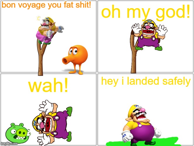 qbert crashes out part 4 | bon voyage you fat shit! oh my god! wah! hey i landed safely | image tagged in memes,blank comic panel 2x2,wario lives,qbert | made w/ Imgflip meme maker