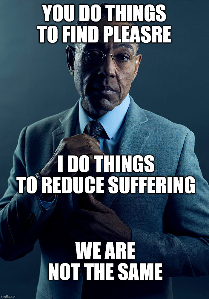 Gus Fring we are not the same | YOU DO THINGS TO FIND PLEASRE; I DO THINGS TO REDUCE SUFFERING; WE ARE NOT THE SAME | image tagged in gus fring we are not the same | made w/ Imgflip meme maker