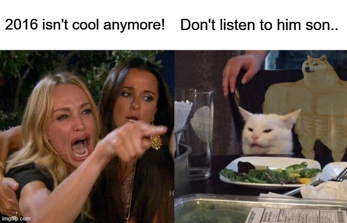 2016 | 2016 isn't cool anymore! Don't listen to him son.. | image tagged in memes,woman yelling at cat | made w/ Imgflip meme maker