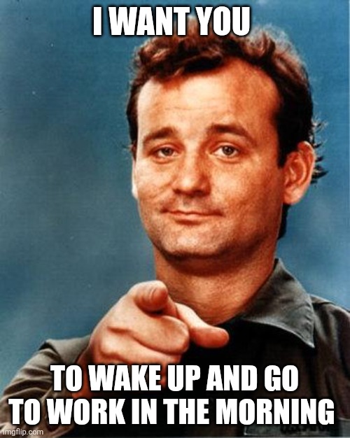 Go To Work | I WANT YOU; TO WAKE UP AND GO TO WORK IN THE MORNING | image tagged in bill murray,funny memes | made w/ Imgflip meme maker