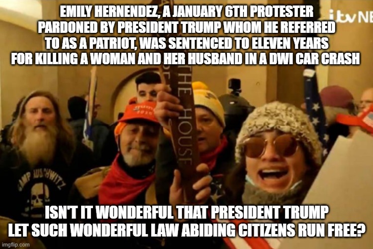 EMILY HERNENDEZ, A JANUARY 6TH PROTESTER PARDONED BY PRESIDENT TRUMP WHOM HE REFERRED TO AS A PATRIOT, WAS SENTENCED TO ELEVEN YEARS FOR KILLING A WOMAN AND HER HUSBAND IN A DWI CAR CRASH; ISN'T IT WONDERFUL THAT PRESIDENT TRUMP LET SUCH WONDERFUL LAW ABIDING CITIZENS RUN FREE? | image tagged in january 6th | made w/ Imgflip meme maker