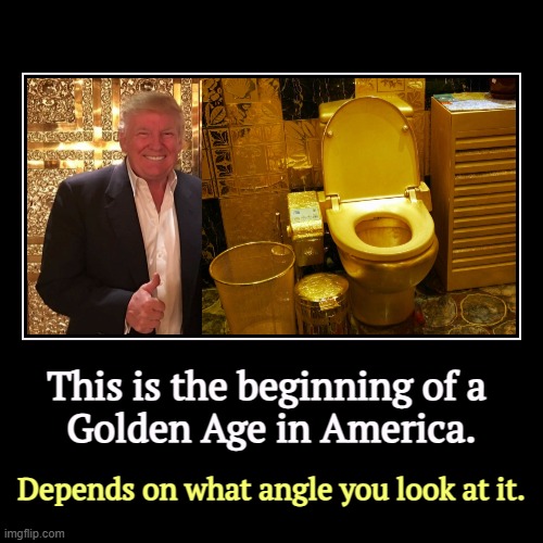 Affirmative Action for White People does not constitute a Golden Age. That's panicky selfishness. | This is the beginning of a 
Golden Age in America. | Depends on what angle you look at it. | image tagged in funny,demotivationals,trump,golden age,toilet,common sense | made w/ Imgflip demotivational maker