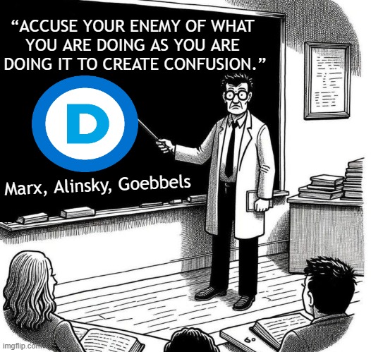 The Democrat Playbook | “ACCUSE YOUR ENEMY OF WHAT 
YOU ARE DOING AS YOU ARE 
DOING IT TO CREATE CONFUSION.”; Marx, Alinsky, Goebbels | image tagged in teacher at blackboard,democrat party,it's that obvious,obvious,obviously,teacher | made w/ Imgflip meme maker