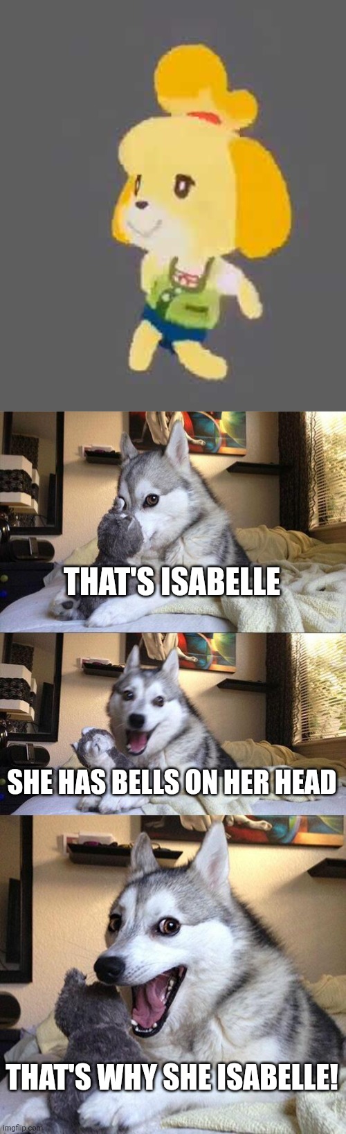 Get it? Lol | THAT'S ISABELLE; SHE HAS BELLS ON HER HEAD; THAT'S WHY SHE ISABELLE! | image tagged in isabella,memes,bad pun dog,isabelle,animal crossing,nintendo | made w/ Imgflip meme maker