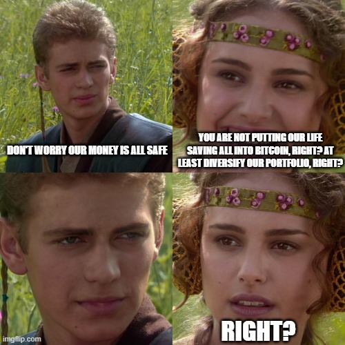 all in bitcoin | DON'T WORRY OUR MONEY IS ALL SAFE; YOU ARE NOT PUTTING OUR LIFE SAVING ALL INTO BITCOIN, RIGHT? AT LEAST DIVERSIFY OUR PORTFOLIO, RIGHT? RIGHT? | image tagged in anakin padme 4 panel | made w/ Imgflip meme maker