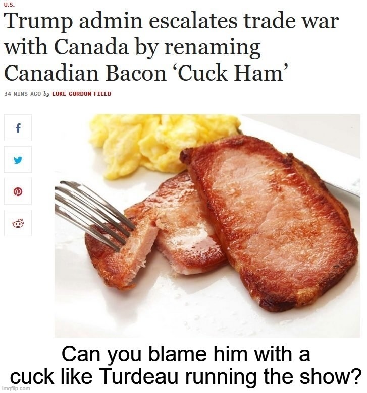 Trump escalates trade war with Canada by renaming Canadian Bacon 'Cuck Ham.' | image tagged in meanwhile in canada,makin bacon,canadian bacon,cuck ham,cucks,justin trudeau | made w/ Imgflip meme maker