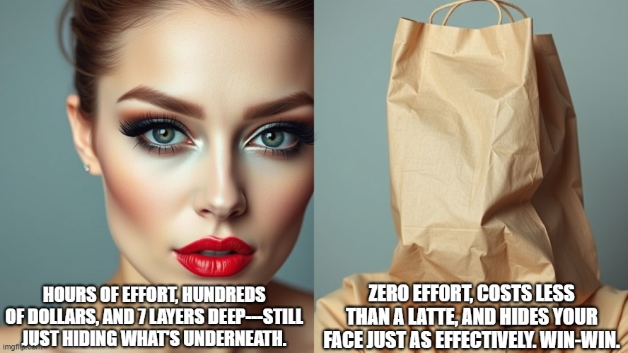 FakeUp | HOURS OF EFFORT, HUNDREDS OF DOLLARS, AND 7 LAYERS DEEP---STILL JUST HIDING WHAT'S UNDERNEATH. ZERO EFFORT, COSTS LESS THAN A LATTE, AND HIDES YOUR FACE JUST AS EFFECTIVELY. WIN-WIN. | image tagged in cake,cakeface,makeup,fakeup,fake | made w/ Imgflip meme maker