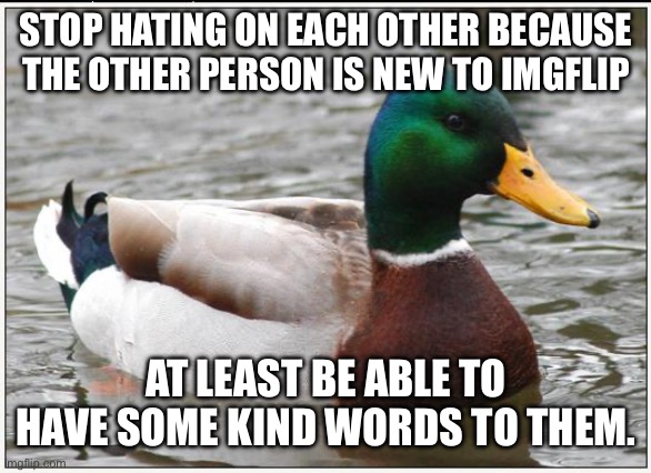 Be kind, fellas. | STOP HATING ON EACH OTHER BECAUSE THE OTHER PERSON IS NEW TO IMGFLIP; AT LEAST BE ABLE TO HAVE SOME KIND WORDS TO THEM. | image tagged in memes,actual advice mallard | made w/ Imgflip meme maker