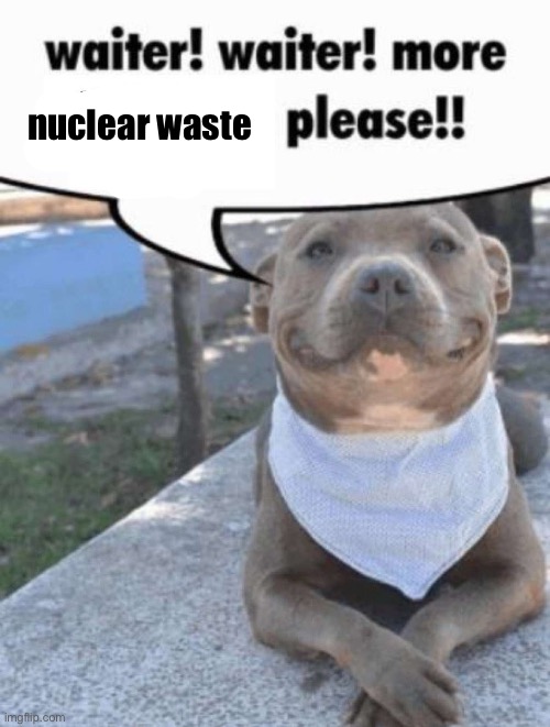 waiter! pit bull | nuclear waste | image tagged in waiter pit bull | made w/ Imgflip meme maker