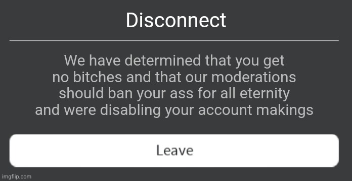 Disconnected | Disconnect; We have determined that you get no bitches and that our moderations should ban your ass for all eternity and were disabling your account makings | image tagged in roblox error code with leave button | made w/ Imgflip meme maker