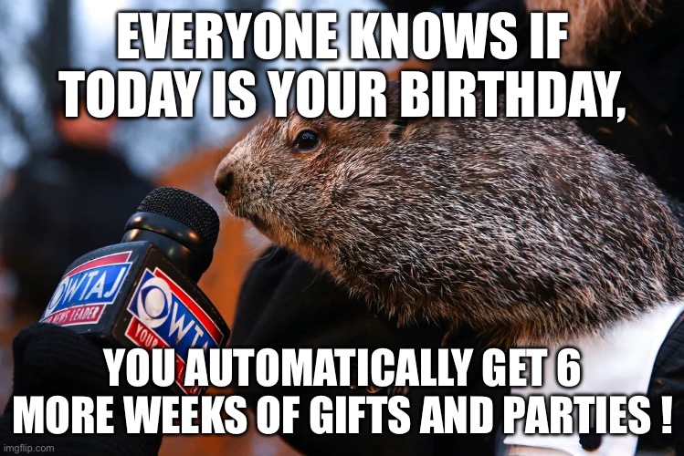 Happy G DAY B DAY | EVERYONE KNOWS IF TODAY IS YOUR BIRTHDAY, YOU AUTOMATICALLY GET 6 MORE WEEKS OF GIFTS AND PARTIES ! | image tagged in birthday,groundhog day | made w/ Imgflip meme maker