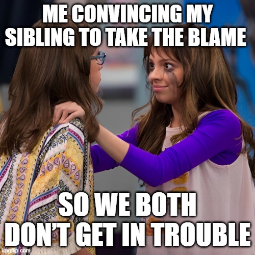 siblings | ME CONVINCING MY SIBLING TO TAKE THE BLAME; SO WE BOTH DON’T GET IN TROUBLE | image tagged in memesmemes | made w/ Imgflip meme maker