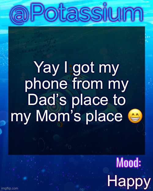 Potassium Subnautica Template | Yay I got my phone from my Dad’s place to my Mom’s place 😁; Happy | image tagged in potassium subnautica template | made w/ Imgflip meme maker