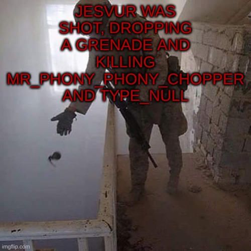 Grenade Drop | JESVUR WAS SHOT, DROPPING A GRENADE AND KILLING MR_PHONY_PHONY_CHOPPER AND TYPE_NULL | image tagged in grenade drop | made w/ Imgflip meme maker